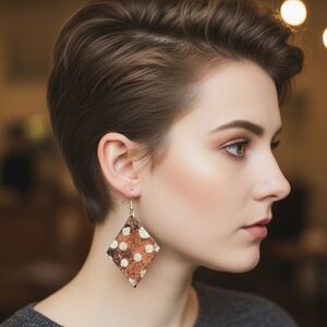 HANDCRAFTED Wood Diamond Pierced Earrings HANDPAINTED ARTISAN Polka Dot Dangles